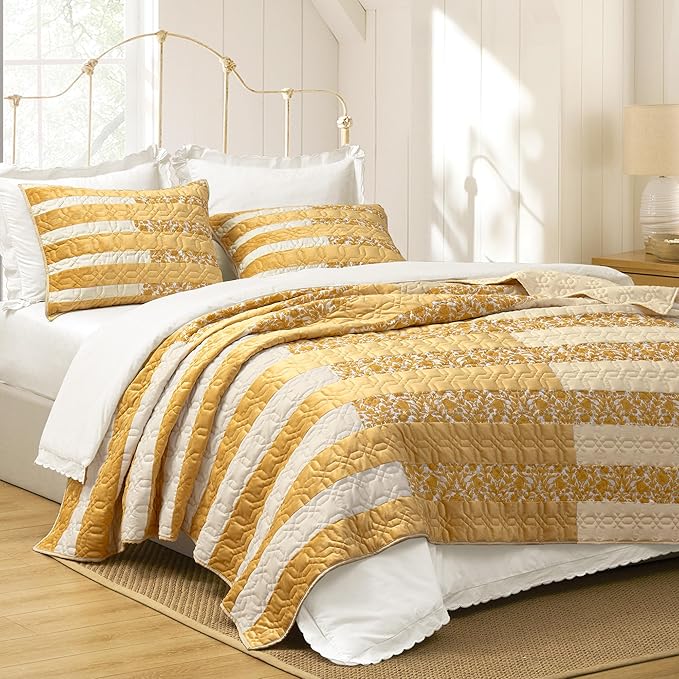 Wonderful Patchwork Quilt Set Queen Size Stitch Bedding Piano Key Design Floral Coverlet Cotton Blend Farmhouse Bedspread Ginger