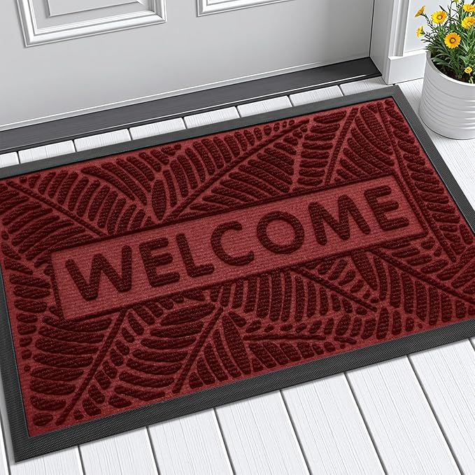 Smiry Welcome Mat Indoor Outdoor, All-Season Waterproof Front Door Mat, Sturdy Natural Rubber Doormat, Non-Slip, Easy Clean, Low Profile Dirt Trapper for Porch Patio Entrance, 35x23, Wine Red