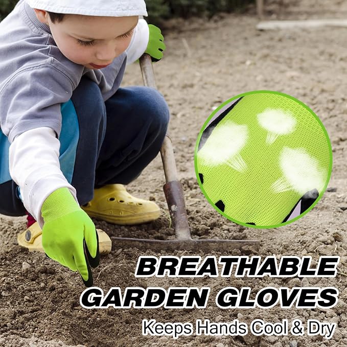 HANDLANDY 3 Pairs Kids Gardening Gloves Latex Free, Nitrile Coated Children Toddler Garden Yard Work Gloves for Little Girls Boys 5-6 (Size M, Black-Green)