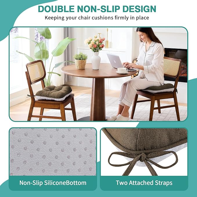 BETU Chair Cushions for Dining Chairs Set of 4,3.5" Thick Kitchen Table Chair Pads with Ties,Non Slip Backing and Covers, Seat Cushion for Dining Room,Bar,Patio Chairs,16"X16"X3.5",Brown