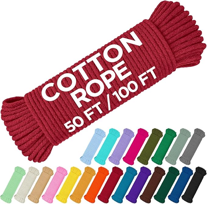 TECEUM Cotton Rope 3/16” (5 mm) – 50 FT – Strong All-Purpose Braided Rope – Natural Cotton – for Crafting, Сamping, Clothes Line, DIY, Indoor & Outdoor Use – Red