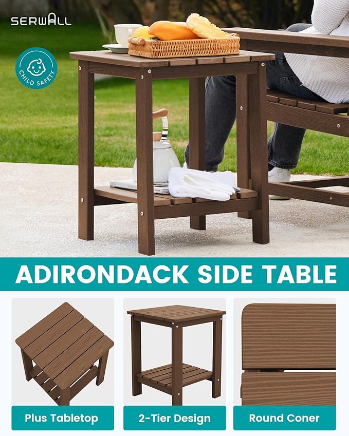 SEWRWALL Patio Furniture Set, HDPE Material All Weather Use Adirondack Chair Set with Side Table for Balcony, Porch, Garden, Backyard- Brown