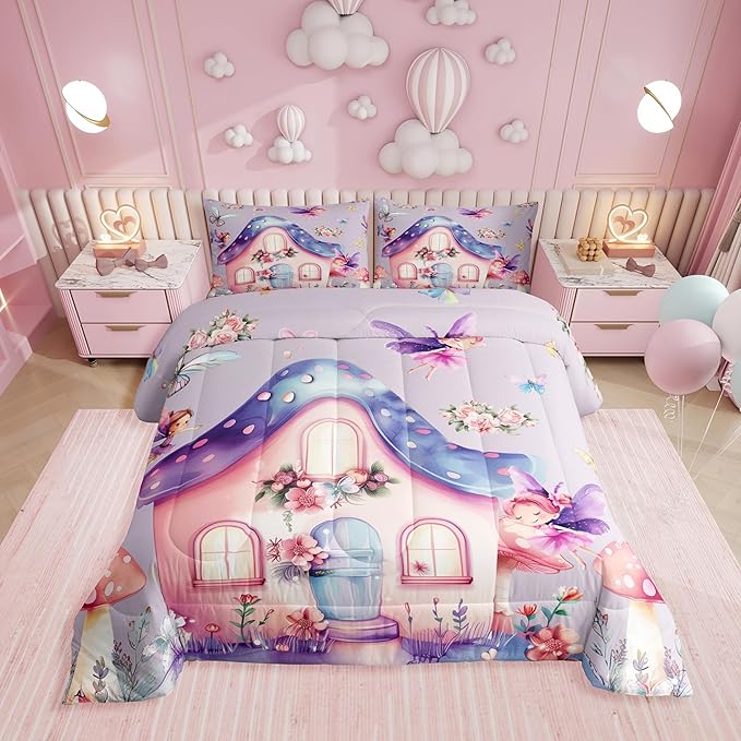 Erosebridal Fairy Garden Toddler Bedding Set,Dreamy Fairy Butterfly Comforter Set for Girls Kids,Cute Pink Floral Comforter,Kawaii Mushroom Flower Bedroom Room Decor,1 Pillowcase Breathable