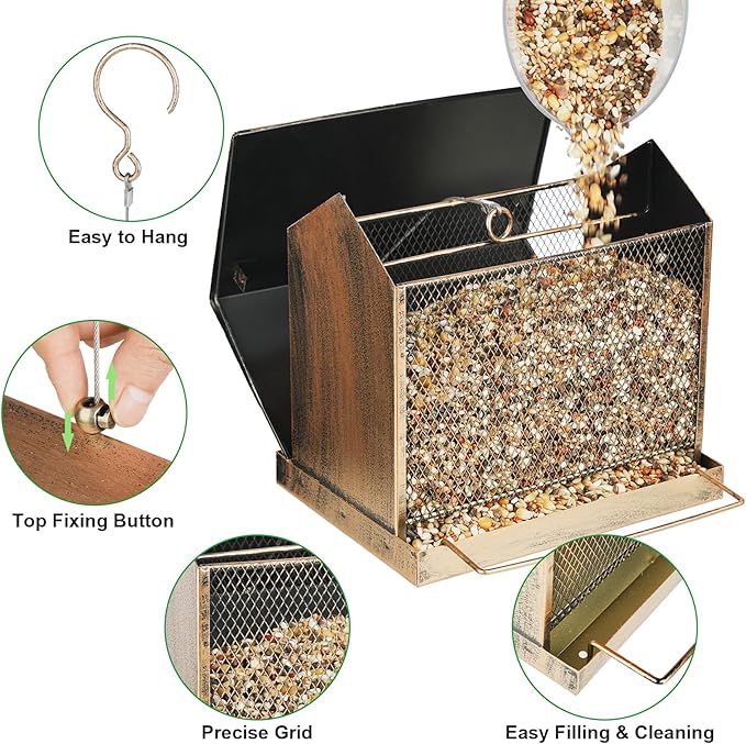 Bird Feeder, Heavy Duty Metal Wild Birdfeeder with Buckle for Outdoor Garden Yard Outside Hanging, House Shape Large Capacity