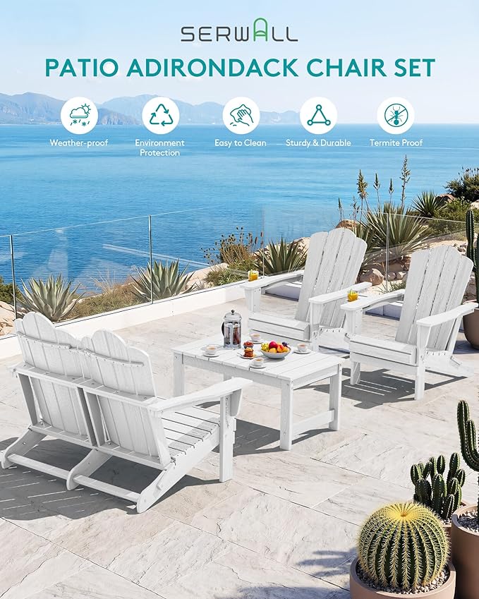 SERWALL HDPE Patio Furniture Set, 2 Adirondack Chair with Cup Holder & 1 Adirondack Bench & 1 Coffee Table with Umbrella Hole, All-Weather Outdoor Adirondack Chair Set for 4, White
