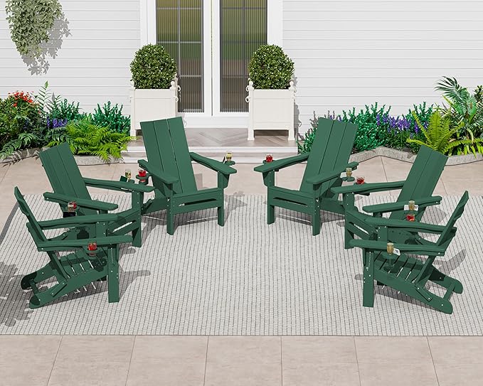 SERWALL Modern Adirondack Chair Set of 2, Folding Adirondack Chair with Cup Holders, Fire Pit Chairs, Lawn Chair for Patio Garden, Green