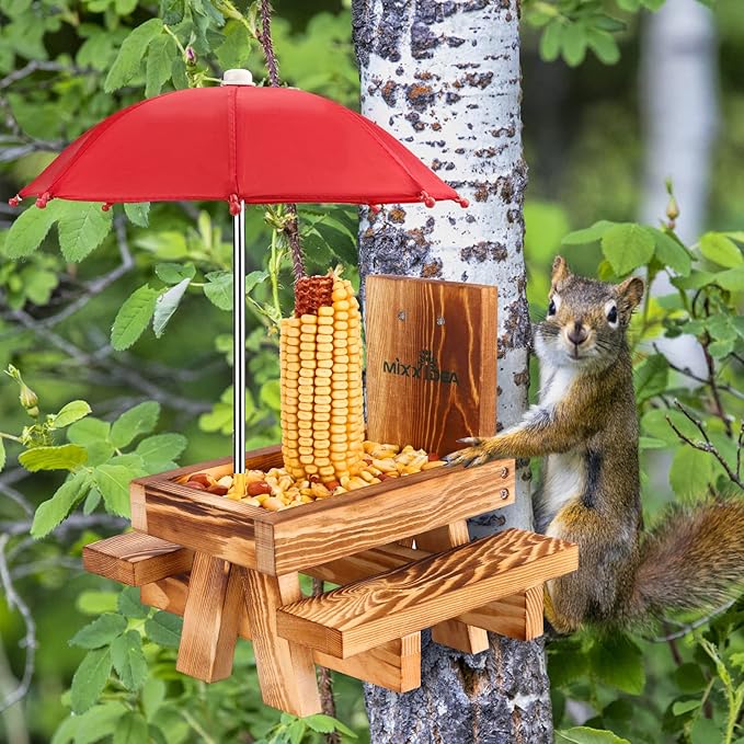 MIXXIDEA Squirrel Feeder Picnic Table with Tall Umbrella, Wooden Squirrel Feeders for Outside, Cute Chipmunk Feeder with Corn Cob Holder, Solid Structure, Thick Wood (Rustic Brown Red Umbrella)