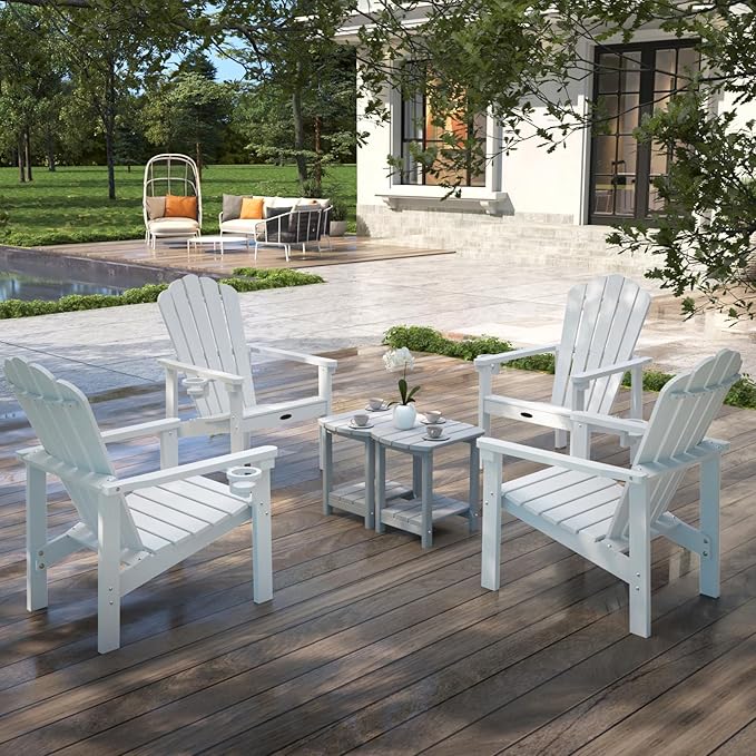 Stackable Adirondack Chair Set of 2, HDPE All-Weather Adirondack Chairs - Durable and Space Saving, Plastic Outdoor Fire Pit Chairs with Cup Holder,White