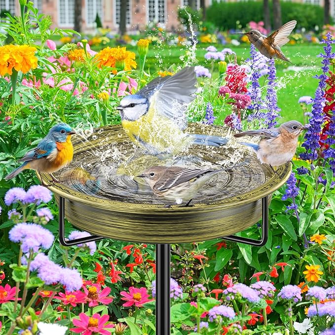 Freestanding Birdbaths Bowl Outdoor, Standing Garden Bird Bath Bird Feeder Bowl, Detachable Decoration Spa Birdfeeder for Garden Patio Yard Lawn (Retro Gold)