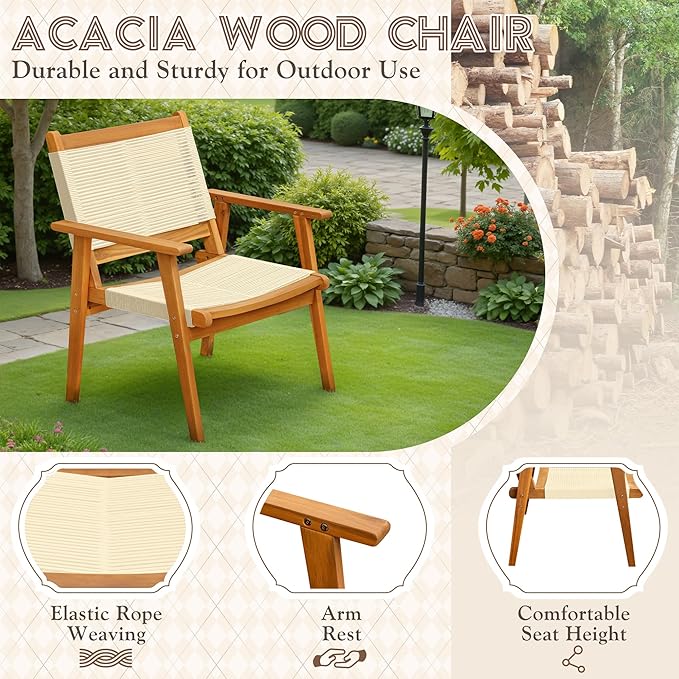 Devoko 4 Pieces Acacia Wood Patio Conversation Sets, Patio Furniture Set with Hand Woven Rope Seats and Back, Outdoor Chair and Table Set for 4 for Balcony, Backyard, Deck, Poolside