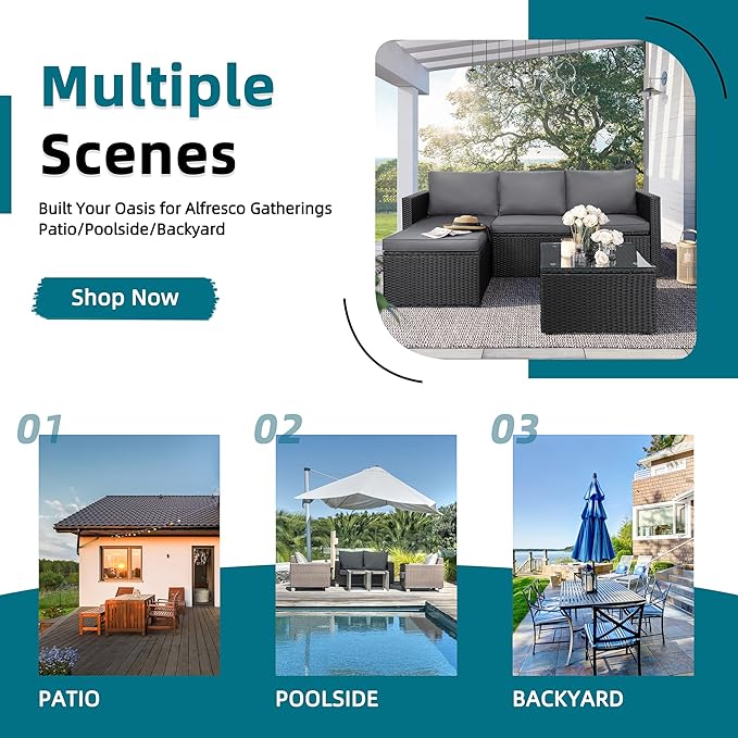 SUNLEI 3-Piece Patio Sectional Sofa, Patio Furniture Set with Detachable Soft Cushions, Outdoor PE Rattan Patio Conversation Sofa Set with Glass Coffee Table & Ottoman, Black Rattan/Grey