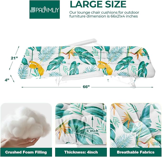 Outdoor Chaise Lounge Chair Cushion Waterproof 66 x 21 x 4 Inches Cotton Lounge Chair Cushions with Ties, Soft Thickened Lounge Chair Cushions for Indoor Outdoor Furniture (Yellow-green Leaf)