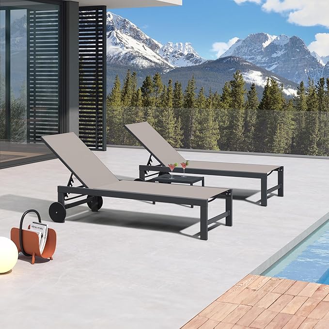 PURPLE LEAF Chaise Lounge Chair with Wheels for Outside 2 Pieces Aluminum Outdoor Chaise Lounge Chairs with 5 Adjustable Position Recliner for Patio Beach Yard Pool Side Table Included Taupe
