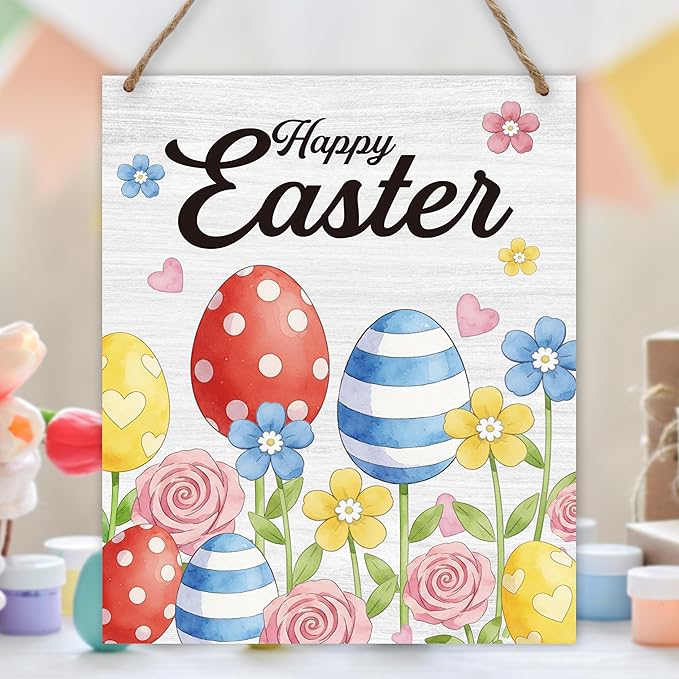 Easter Welcome Sign for Front Door, Happy Easter Door Sign Decor, Floral Egg Rectangle Wood Sign Hanger for Outdoor Farmhouse Garden Porch Home - C04
