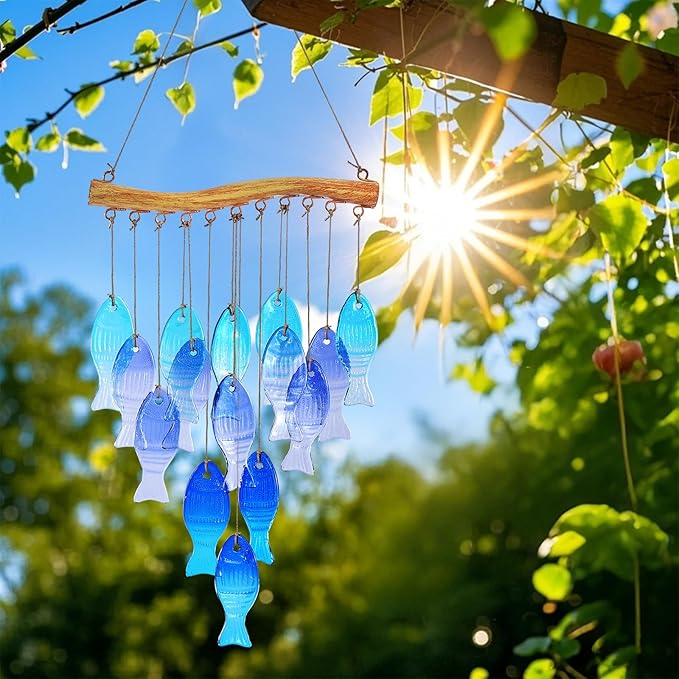 Glass Fish Wind Chimes for Outdoor Patio & Front Yard Decor, Small Unique Suncatcher Windchimes, Handcrafted Gifts for Women, Durable Outside Garden Christmas Decoration Gift