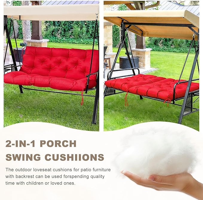 Porch Swing Cushion with Backrest,Waterproof Bench Cushion for Outdoor Furniture,2-3 Seater Replacement Thickened Swing Cushion with Ties,Patio,Outdoor,Backyard and Garden (Red,40x40)
