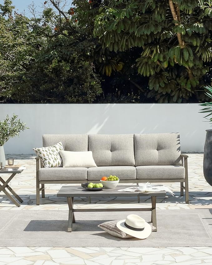 3 Seats Patio Furniture Sofa, Outdoor Aluminum Couch with 5.9'' Soft Cushion, 3-Seater All-Weather Outdoor Patio Furniture Sofa Couch for Balcony, Poolside, Lawn, Limed Oak
