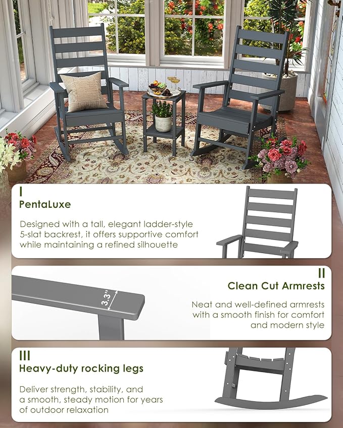 GREENVINES Outdoor-Rocking-Chairs-Set-of-2 | HDPE Plastic | Patio Rockers | Porch Rocker Chair | Shaker | Oversized | High Ladder Back | Big & Tall | PentaLuxe | Grey
