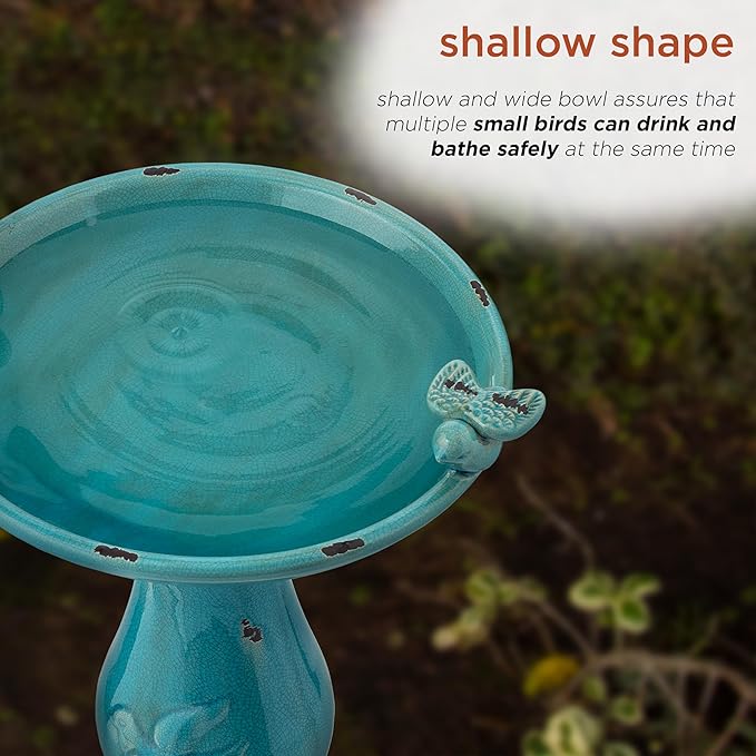 Alpine Corporation 25" Tall Outdoor Ceramic Antique Pedestal Birdbath with 2 Bird Figurines, Turquoise