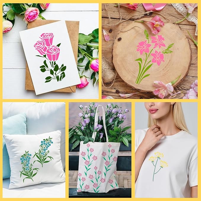 12 PCS Flower Stencils Reusable Rose Sunflower Hibiscus Templates Floral Drawing Stencils for Wood Garden Fence Furniture Fabrics DIY Home Decor 7.9 x 5.1 Inch