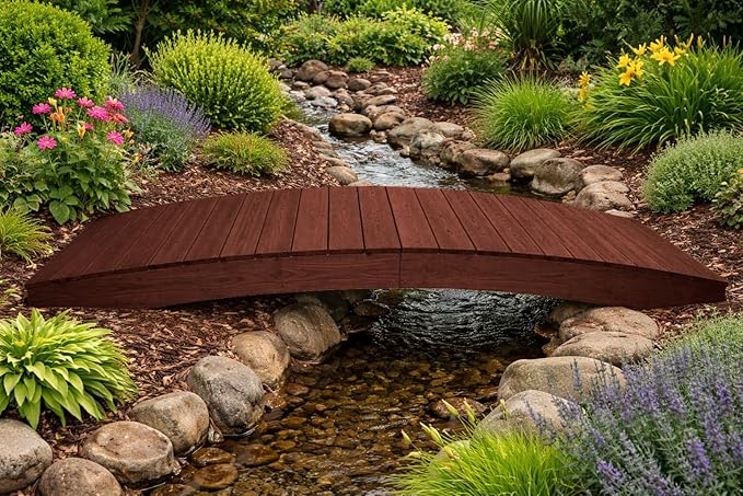 10 FT MAHOGANY Amish Made Pinewood Heavy Duty Garden Bridge for Walkway, Backyard Pond & Landscaping, Outdoor Wooden Footbridge for Koi Pond, Japanese Style Decorative Bridge, Made in USA