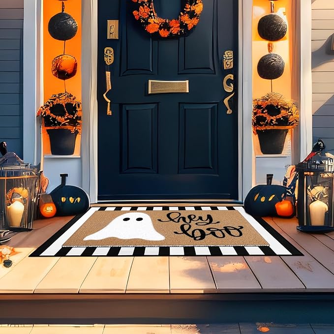 Tinideya 2 Pcs Halloween Doormat Hey Boo Ghost Outdoor Welcome Mats for Front Door Non Slip Ghost Coir Floor Mat Black White Stripe Halloween Rug for Outside Front Porch Entryway Decor