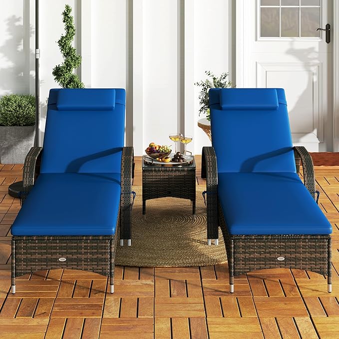 Outsunny Wicker Outdoor Chaise Lounge Chair Set of 3 with Side Table, 5-Level Adjustable Backrest PE Rattan Pool Lounge Chair with Wheels, Cushion & Headrest, Blue