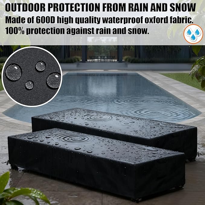 Waterproof Patio Lounge Chair Cover 2 Pack Outdoor Chaise Lounge Covers 600D Weather Resistant Material, UV Protection, Windproof Design Outside Furniture Covers 80" x 28" x 14" H,Black