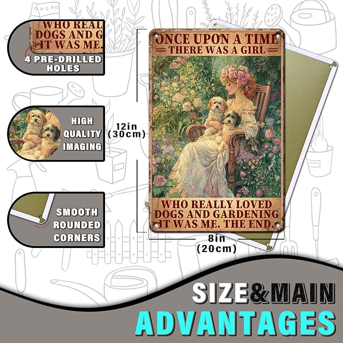 PEACHGARDEN Garden Decor Vintage Metal Sign A Girl Who Really Loved Dogs and Gardening Yard Art Wall Decor for Outdoor Garden Yard Patio 8x12inch