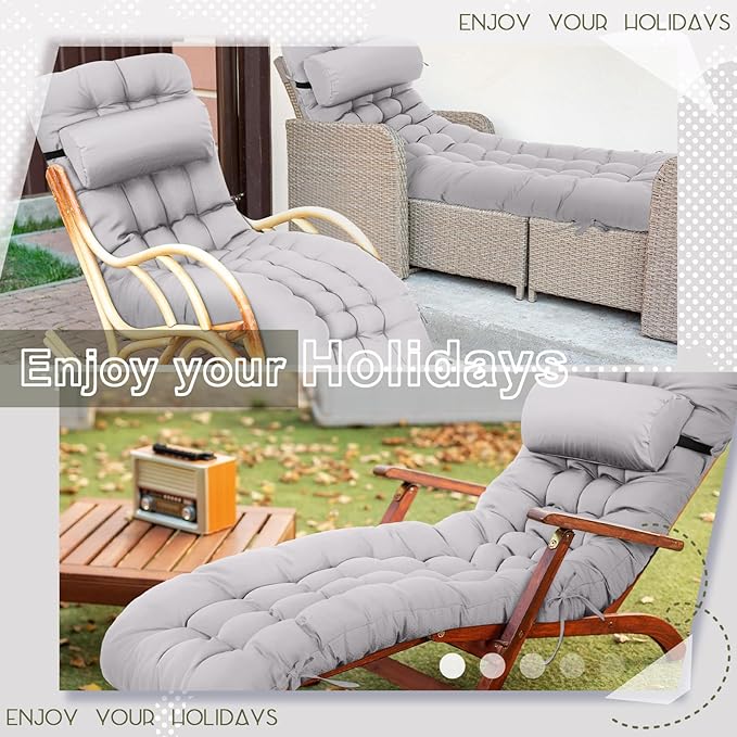 Tudomro 2 Pcs Light Gray 66'' Outdoor Chaise Lounge Cushion Waterproof Patio Lawn Pool Chaise Lounge Cushion with Headrest Pillow & Ties Weather Fade Resistant Replacement Longue Chair Pad