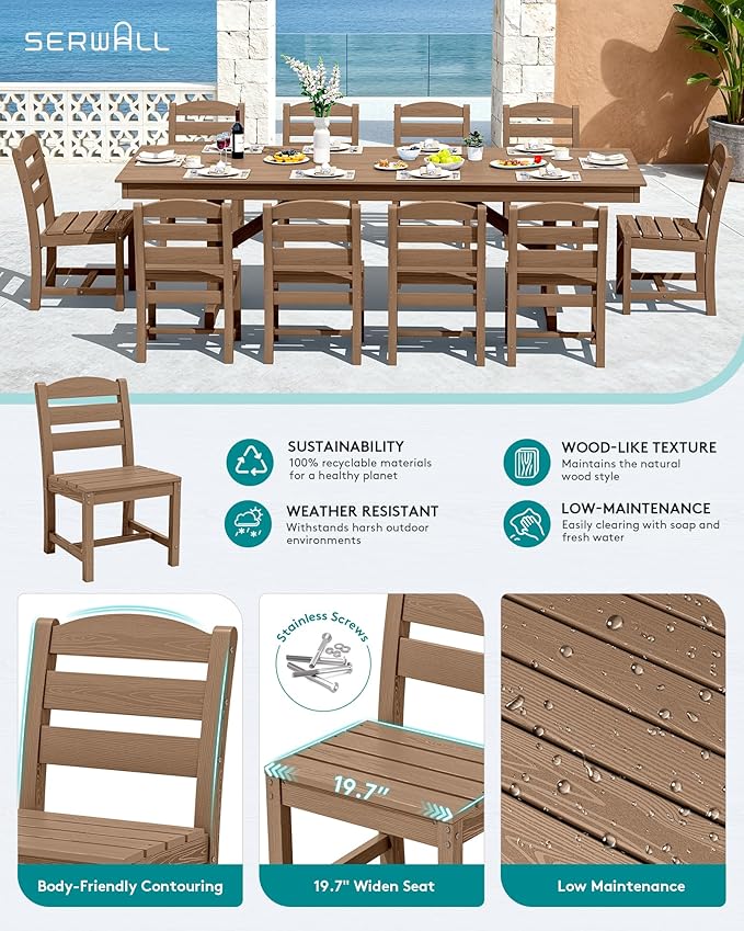 SERWALL 11 Piece Outdoor Dining Set, 84" HDPE Outdoor Table and Chairs for 10，All Weather Patio Furniture Set with Umbrella Hole for Backyard, Garden, Brown