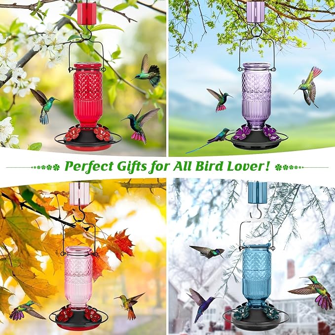 FEED GARDEN Glass Hummingbird Feeder for Outdoors Hanging, 16 OZ Humming Bird Feeders with 4 Bee Guard Feeding Ports&Built-in Ant Moat, Hummingbird Gifts for Mom Bird Feeder for Outside, Purple,2 Pack