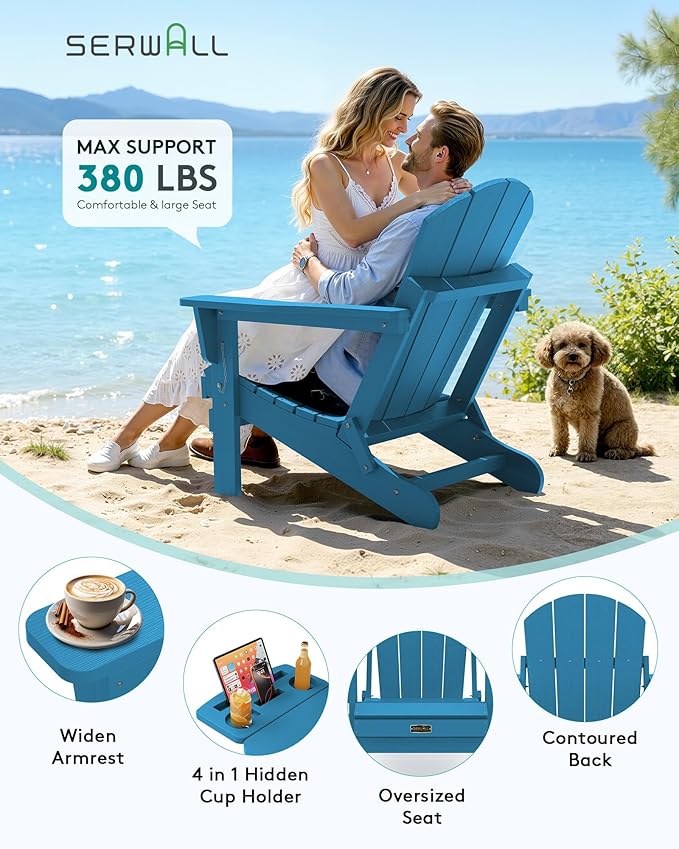 SERWALL Folding Adirondack Chair with 4 in 1 Multi-Functional Cup Holder, Wood Texture Adirondack Chairs for Patio Garden Outdoors, All-Weather Plastic Fire Pit Chairs - Sapphire