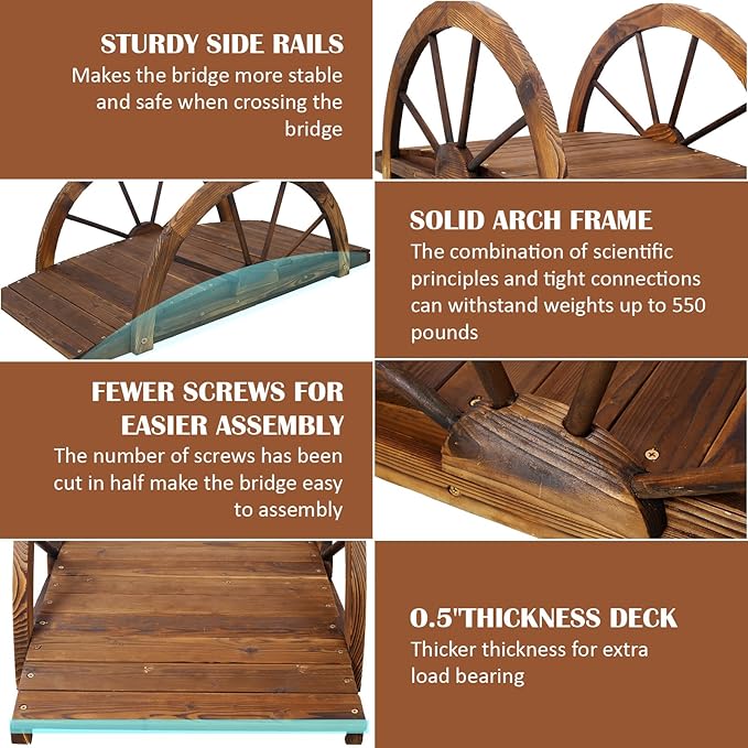 5 FT & 3.3 FT Wooden Garden Bridge, Stained Wood Arc Footbridge with Chain or Half-Wheel Railings for Backyard Pond, Creek, Farmhouse Landscape Decor, Easy Assembly (Brown-3FT)