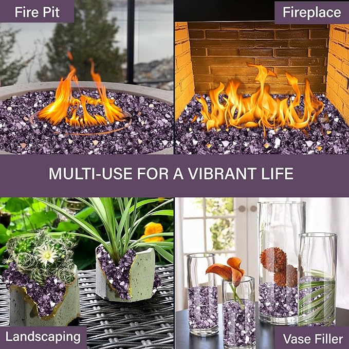 NUPICK 5 Pound Fire Glass, 1/4 Inch Reflective Fire Pit Glass, Tempered Firepit Glass Rock for Propane or Natural Gas, Glass Rocks for Fire Pit Table, Fireplace Glass for Landscaping, Violet