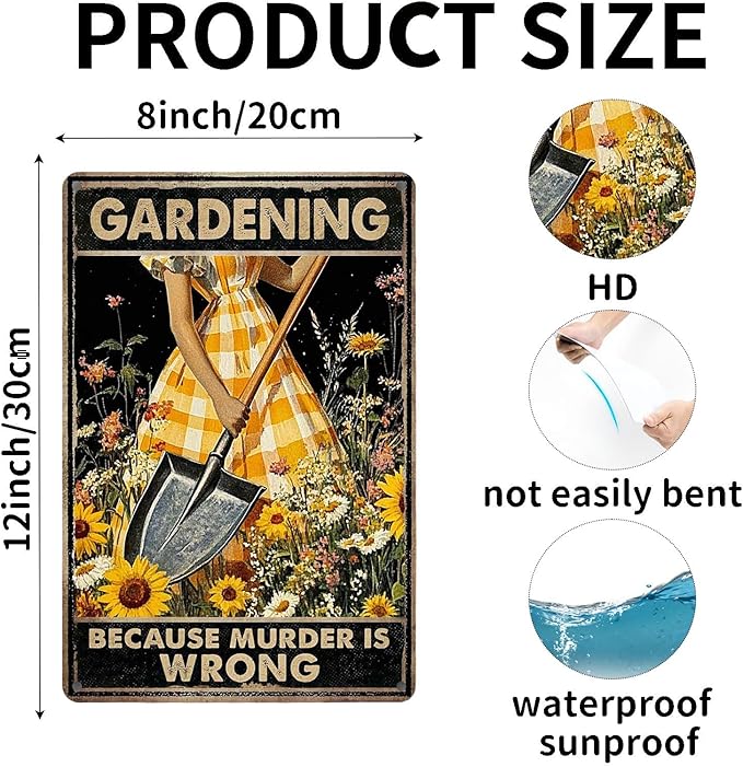 Funny Sign Gardening Because Murder Is Wrong Metal Tin Sign Retro Wall Decor for Kitchen Outdoor Backyard Gate Farmhouse Garden 12×8 Inch