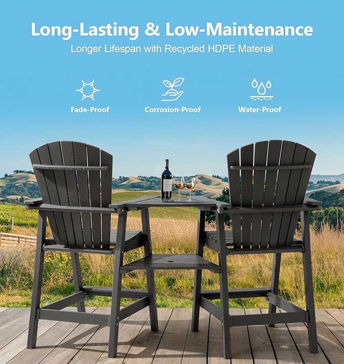 PASAMIC Tall Adirondack Chairs Set of 4, All-Weather HDPE Patio Chairs with Double Connecting Trays, Bar Height Heavy-Duty Outdoor Chairs for Garden, Backyard, Balcony, Dark Gray