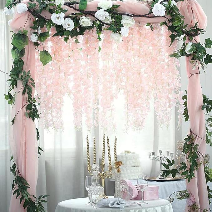 6pcs Artificial Wisteria Flowers 3.6 Feet/Piece Pink Dense Artificial Fake Wisteria Vine Ratta Hanging Garland Silk Flowers String Home Party Wedding Decor（Pink-Dense）