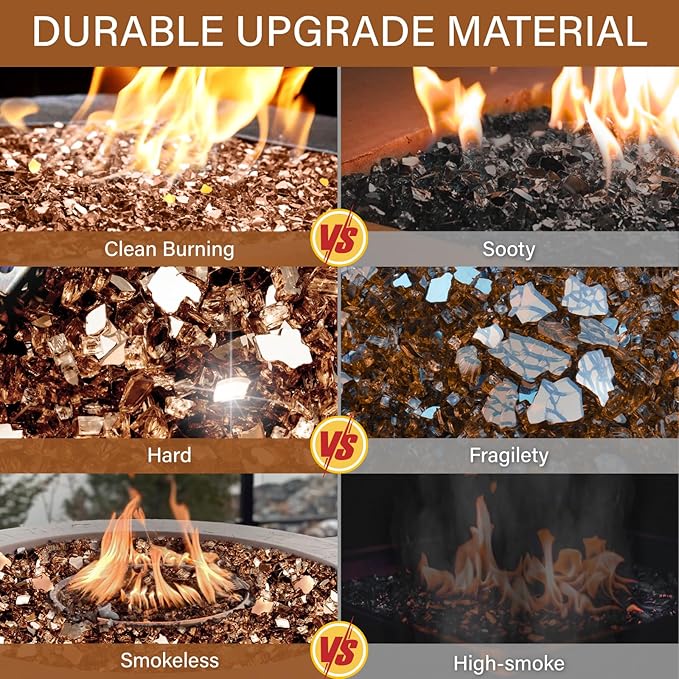 NUPICK 5 Pound Fire Glass, 1/4 Inch Reflective Fire Pit Glass, Tempered Firepit Glass Rock for Propane or Natural Gas, Glass Rocks for Fire Pit Table, Fireplace Glass for Landscaping, Copper