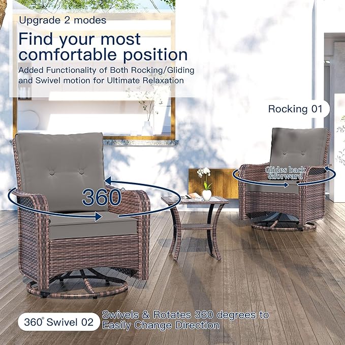 Kullavik 9 Pieces Outdoor Patio Furniture Set,PE Wicker Rattan Sectional Sofa Patio Conversation Sets with Tempered Glass Table,Swivel Rocking Chairs Set,Grey