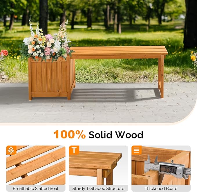 VINGLI Outdoor Wood Bench with Planter Boxes, 2-in-1 All-Weather Porch Bench Seat ＆ Open-Ended Wooden Raised Garden Bed, for Balcony Yard Patio (1 Box + Rectangle)