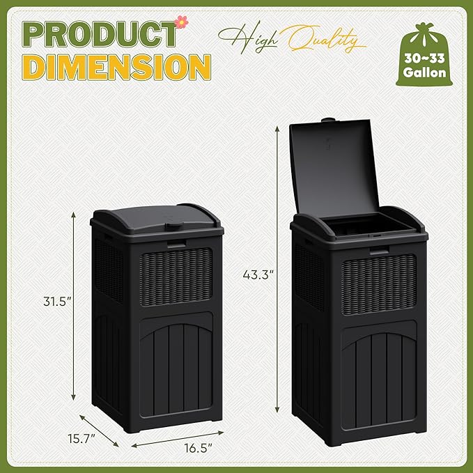 Greesum 33 Gallon Outdoor Trash Can with Lid, Waterproof Resin Garbage Bin for Hideaway, Deck, Patio, 2 Pack, Black