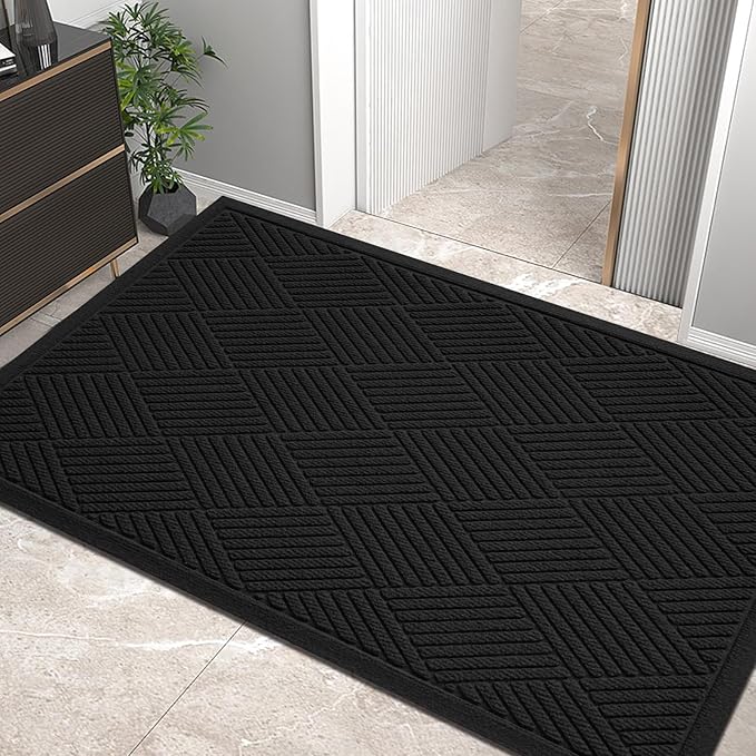 Sturdy Front Door Mat, Absorbent Muddy Dirt Resist Welcome Door Mats Outdoor Indoor, Stain and Fade Resistant, Non-Slip Rubber Backing Low Profile Doormat for Entryway, 60×36, Black