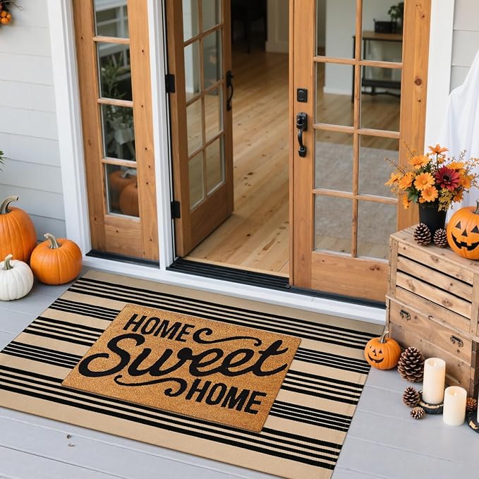 Striped Outdoor Front Door Mat 24"x51", Cotton Hand Woven Washable Black and Khaki Rug Runner, Reversible Foldable Indoor Layered Front Door Rugs for Entryway/Farmhouse/Home Entrance