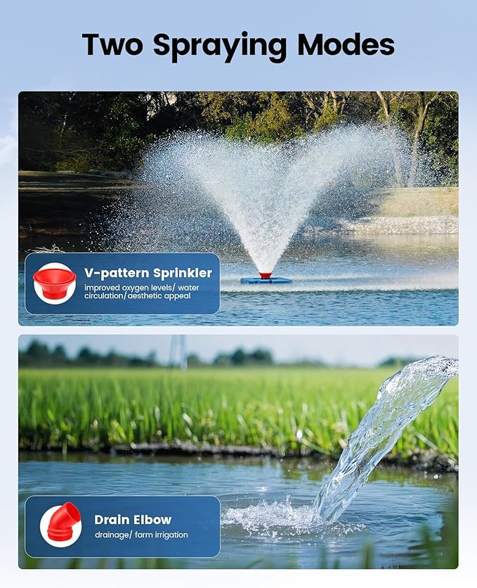 SURAIELEC Pond Fountain Aerator with Larger Floater, 1HP 15000 GPH Fully Automatic Floating Aerating Pump for Outdoor Ponds, Lakes, 2 Nozzles, 100 FT Power Cord, 2x100 FT Guide Ropes