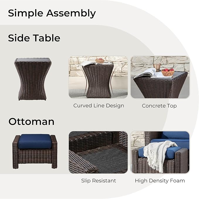 CHITA 5 Pieces Swivel Wicker Patio Furniture Set, Outdoor Conversation Set with 2 Pieces Rattan Rocking Swivel Chairs, 2 Pieces Ottomans, Thickened Cushions and Side Table