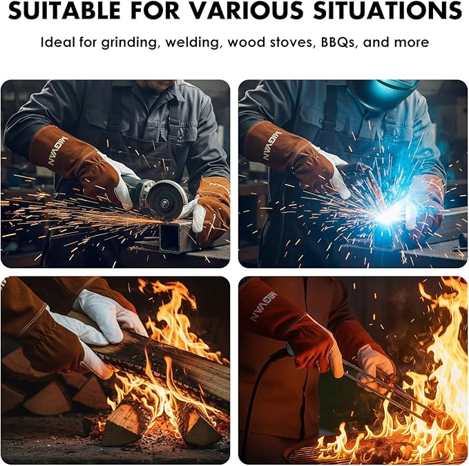Leather MIG Welding Gloves, 16 Inches IN L/XL/XXL, Heat Resistant and Fireproof Stitching Gloves for Stick, Mig, Tig, Forge, BBQ, Grill, Fireplace, Wood Stove, Furnace, Oven, Pot