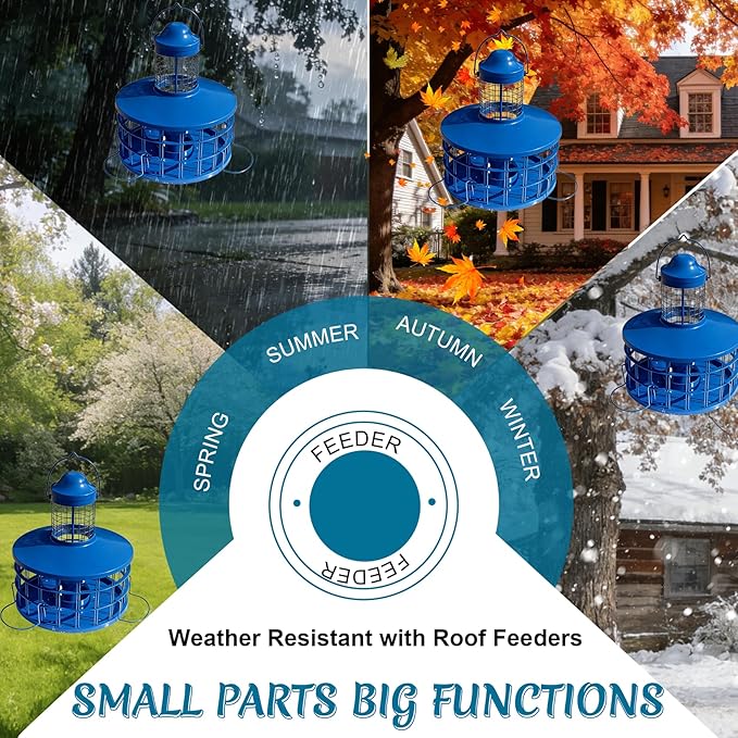 Squirrel Proof Caged Mealworm Bluebird Feeder with Detachable Grille, Easy Refill and Clean, Attract Wild Blue Bird Small Birds Outdoor Hanging, Metal Tube Feeders with Tray Life Time Support