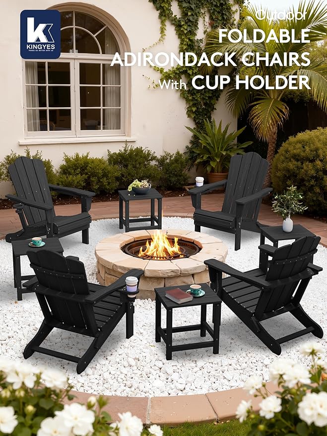 KINGYES Folding Adirondack Chair Set of 2, HDPE All-Weather Patio Chairs with Cup Holder, Wooden Textured Fire Pit Chairs for Poolside, Backyard, Deck, Black