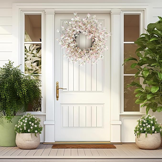 Spring Wreath for Front Door, 24 Inch Spring Forsythiaon Wreath Front Door Pink Forsythiaon Grapevine Wreaths for Festival Celebration Front Door Wall Window Decoration Home Decor